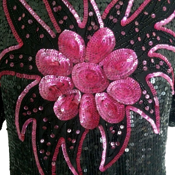 VTG 80s JLB Paris Silk Sequined Floral Top SZ M - Picture 3 of 7